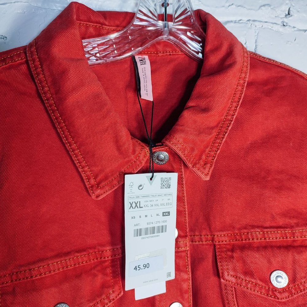 Zara Cropped Red Jean Jacket US size 12-16 - Picture 9 of 15